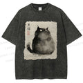 Unisex Fat Black Cat Printed Washed Tee