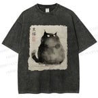 Unisex Fat Black Cat Printed Washed Tee