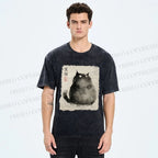Unisex Fat Black Cat Printed Washed Tee