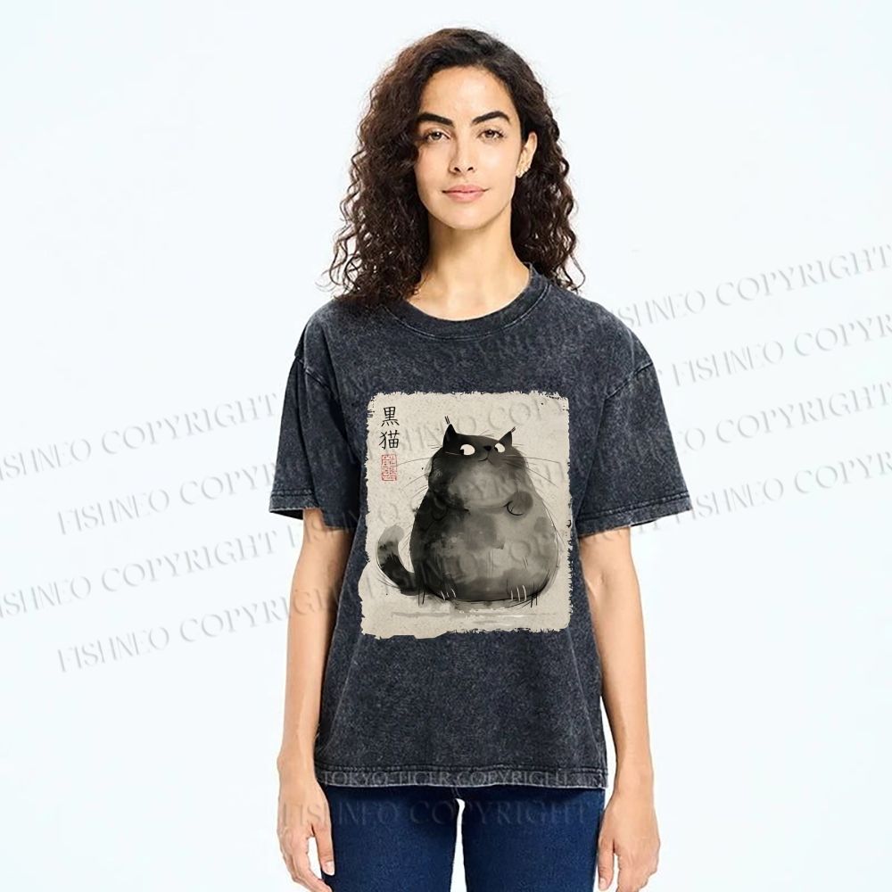 Unisex Fat Black Cat Printed Washed Tee
