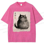 Unisex Fat Black Cat Printed Washed Tee