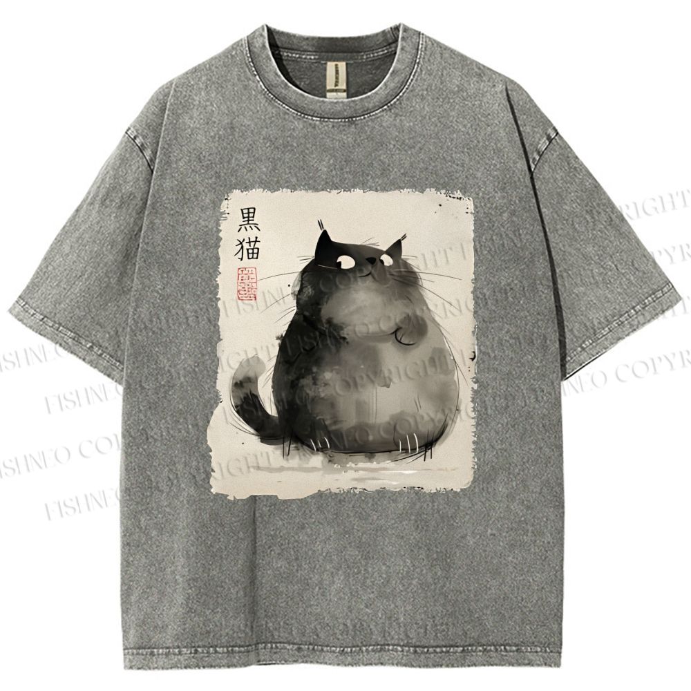 Unisex Fat Black Cat Printed Washed Tee