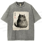 Unisex Fat Black Cat Printed Washed Tee