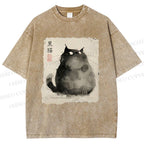 Unisex Fat Black Cat Printed Washed Tee