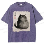 Unisex Fat Black Cat Printed Washed Tee