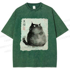 Unisex Fat Black Cat Printed Washed Tee