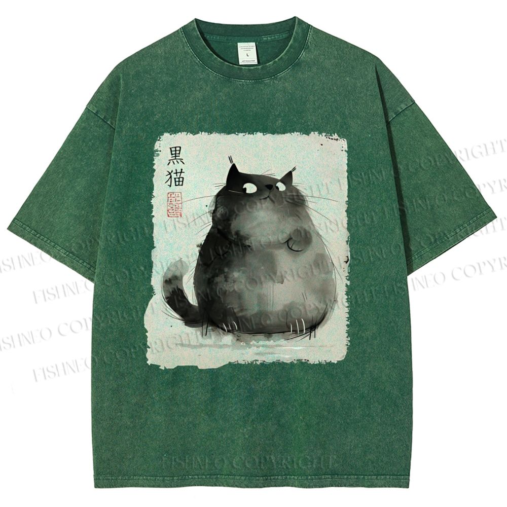 Unisex Fat Black Cat Printed Washed Tee