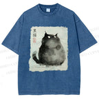 Unisex Fat Black Cat Printed Washed Tee