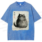 Unisex Fat Black Cat Printed Washed Tee