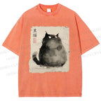 Unisex Fat Black Cat Printed Washed Tee