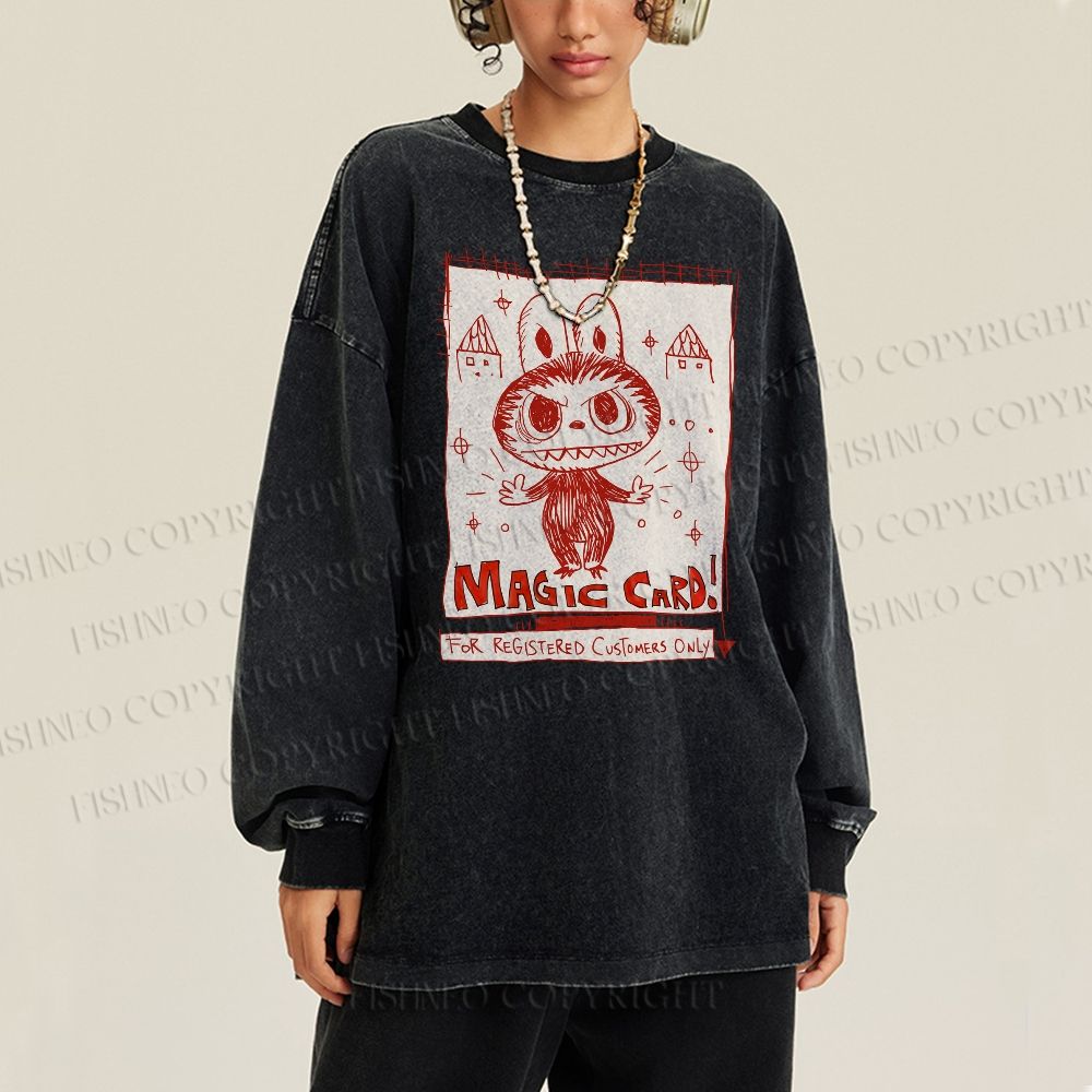 Unisex Casual Washed Vintage Labubu Graffiti Printed Long Sleeve T-shirt