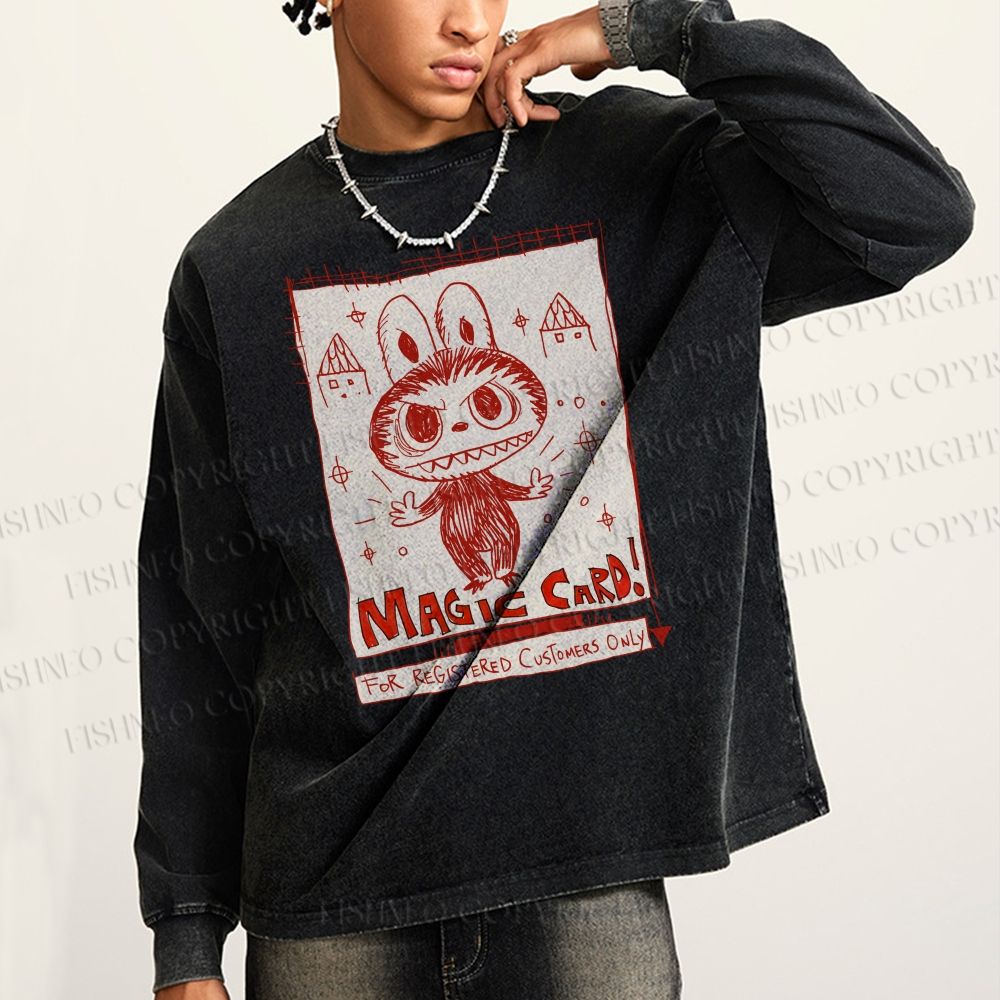 Unisex Casual Washed Vintage Labubu Graffiti Printed Long Sleeve T-shirt