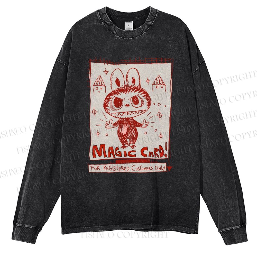 Unisex Casual Washed Vintage Labubu Graffiti Printed Long Sleeve T-shirt