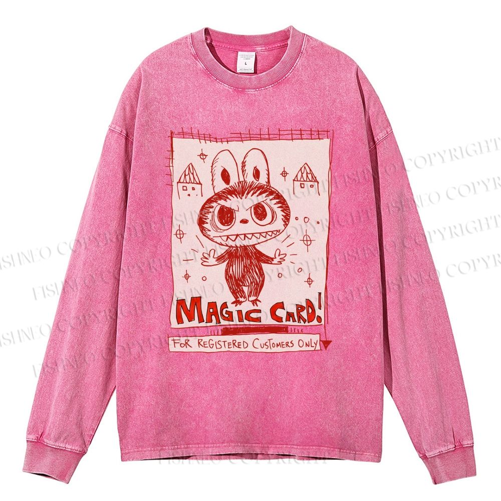 Unisex Casual Washed Vintage Labubu Graffiti Printed Long Sleeve T-shirt