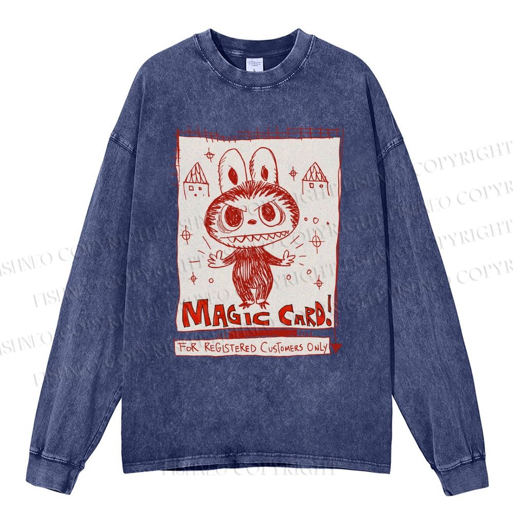 Unisex Casual Washed Vintage Labubu Graffiti Printed Long Sleeve T-shirt