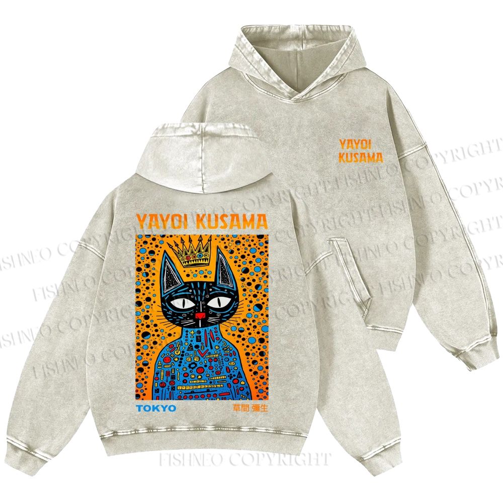 Unisex Casual Japanese Yayoi Kusama Cat Printed Washed Hoodie