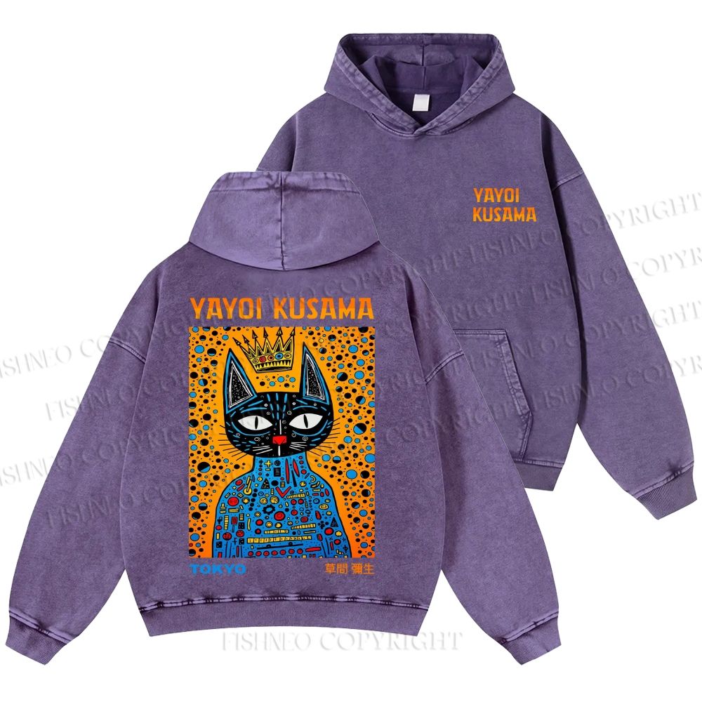 Unisex Casual Japanese Yayoi Kusama Cat Printed Washed Hoodie