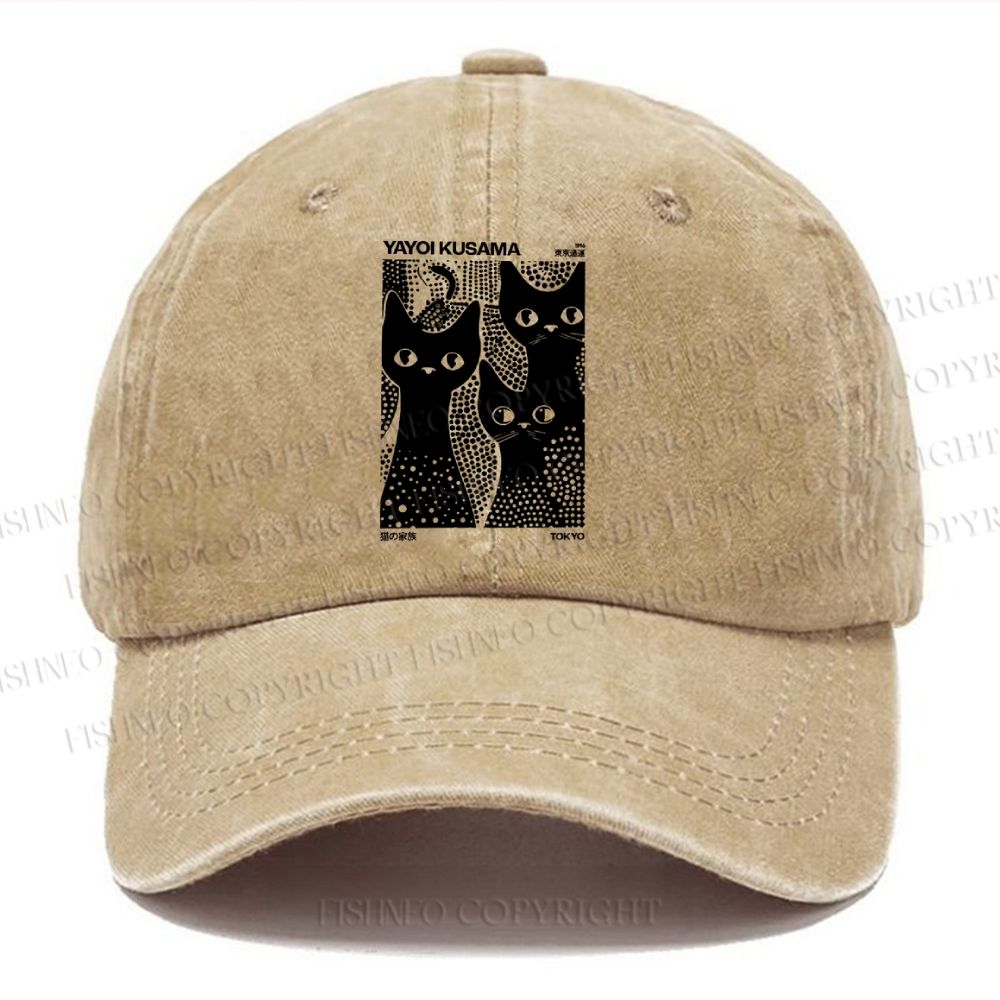 Unisex Vintage Japanese Yayoi Kusama Black Cat Casual Washed Cap