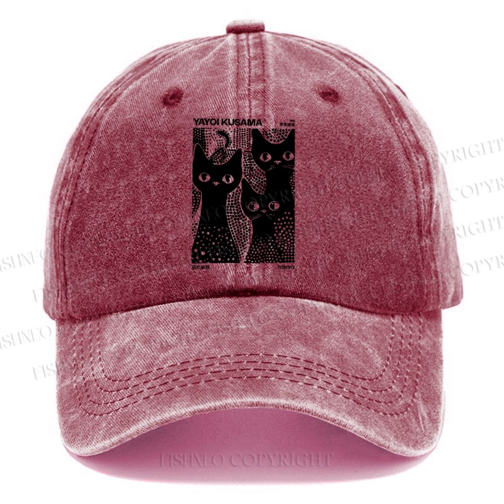 Unisex Vintage Japanese Yayoi Kusama Black Cat Casual Washed Cap