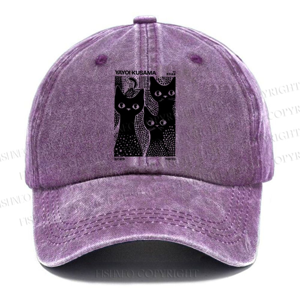 Unisex Vintage Japanese Yayoi Kusama Black Cat Casual Washed Cap