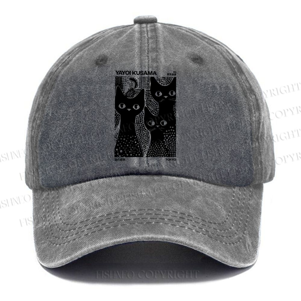 Unisex Vintage Japanese Yayoi Kusama Black Cat Casual Washed Cap