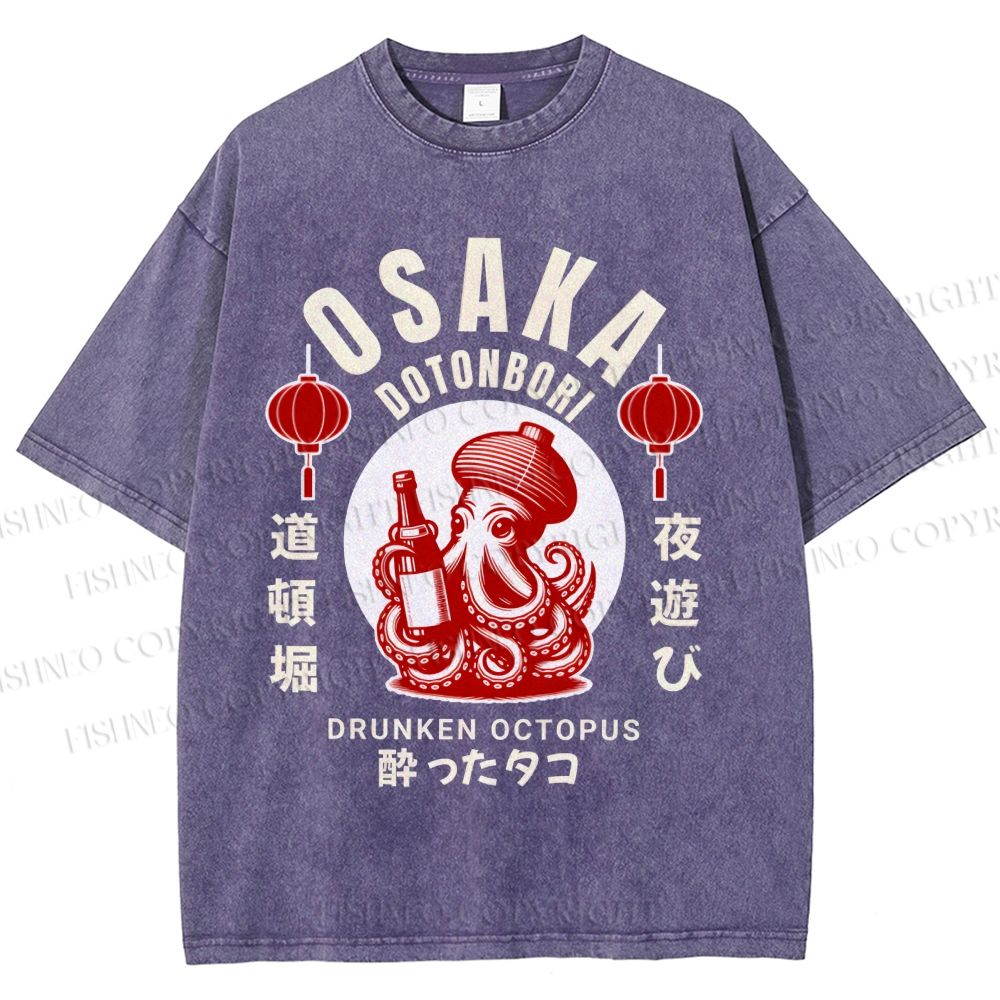 Unisex Osaka Dotonbori Drunken Octopus Printed Washed Tee
