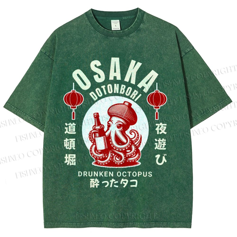 Unisex Osaka Dotonbori Drunken Octopus Printed Washed Tee