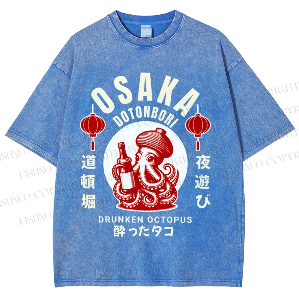 Unisex Osaka Dotonbori Drunken Octopus Printed Washed Tee