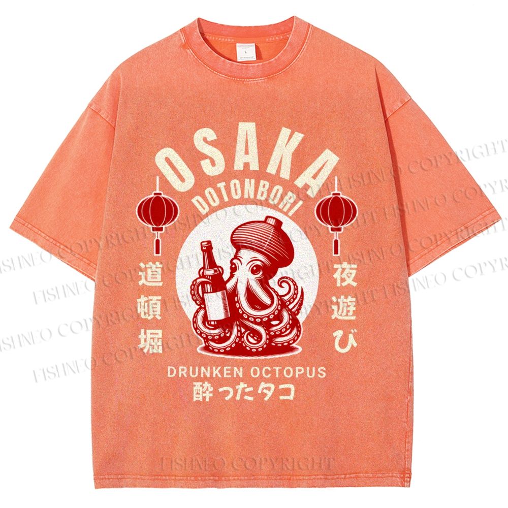 Unisex Osaka Dotonbori Drunken Octopus Printed Washed Tee