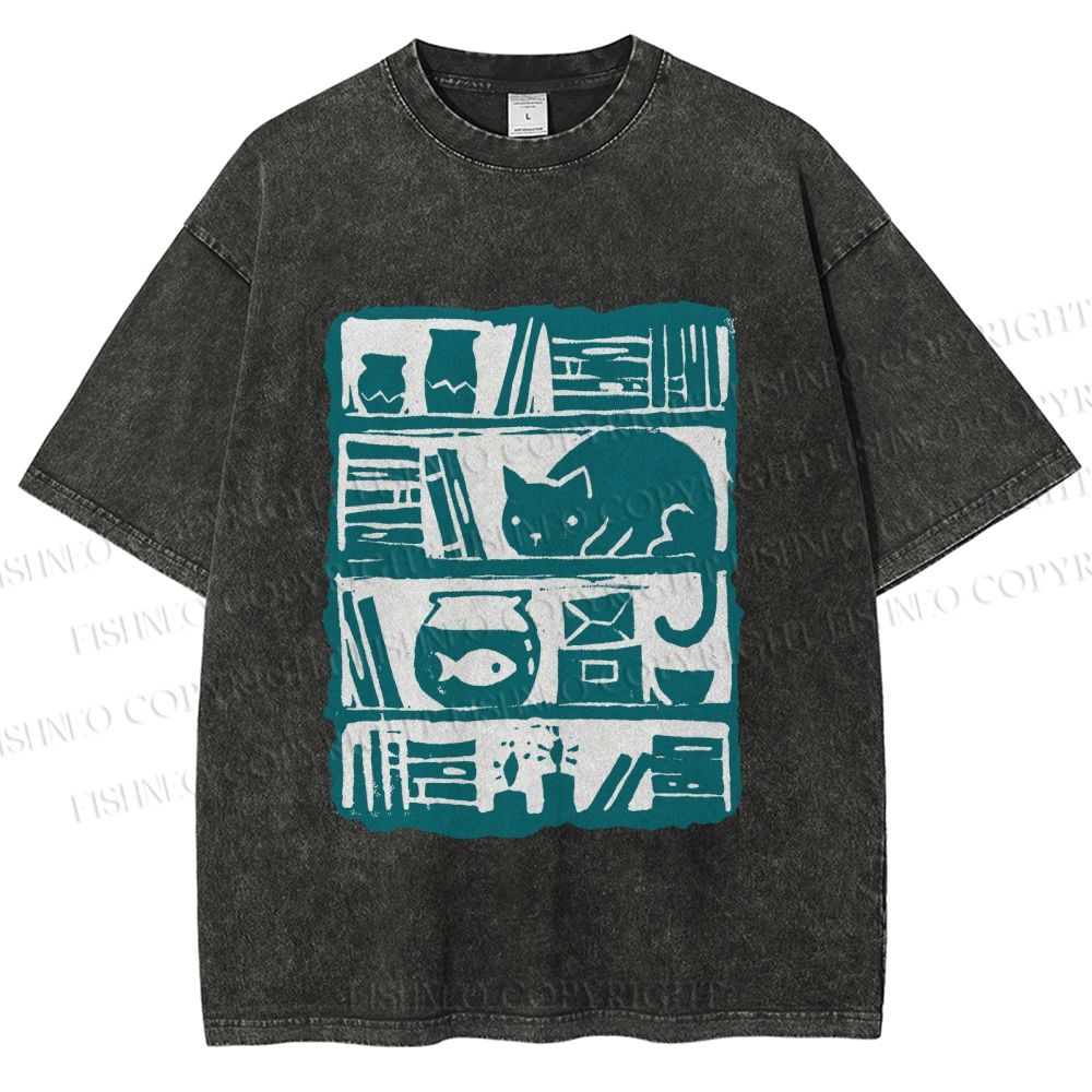Unisex Vintage Cat Bookshelf Fish Tank Printed Washed Tee