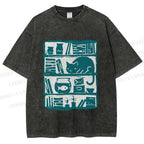 Unisex Vintage Cat Bookshelf Fish Tank Printed Washed Tee