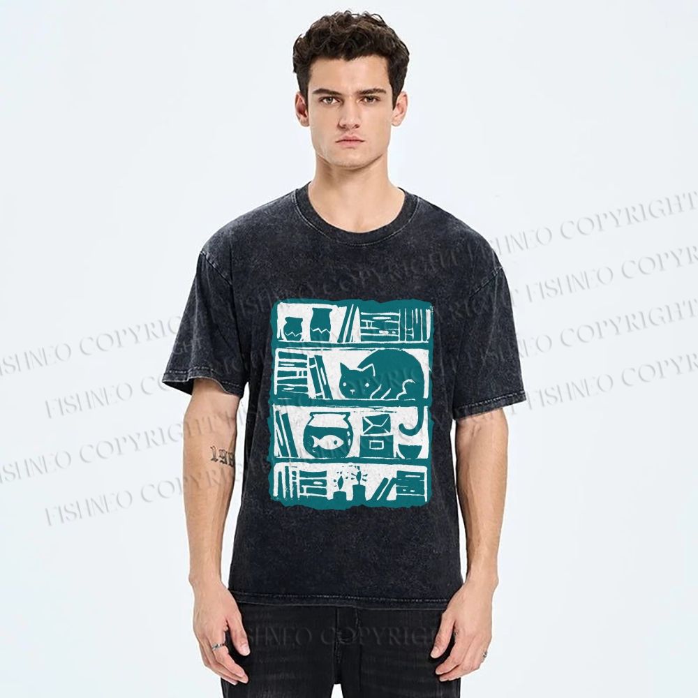 Unisex Vintage Cat Bookshelf Fish Tank Printed Washed Tee