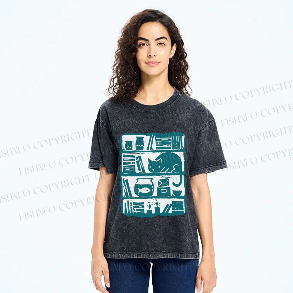 Unisex Vintage Cat Bookshelf Fish Tank Printed Washed Tee