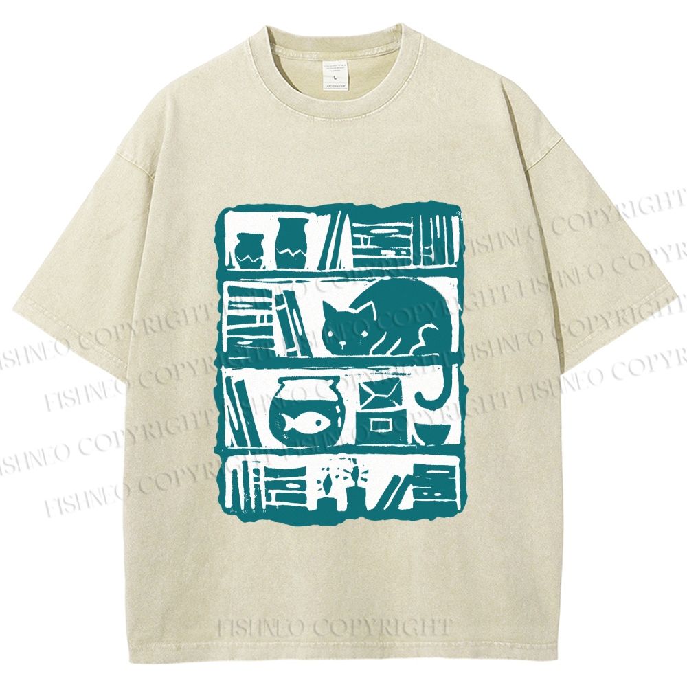 Unisex Vintage Cat Bookshelf Fish Tank Printed Washed Tee