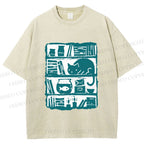 Unisex Vintage Cat Bookshelf Fish Tank Printed Washed Tee
