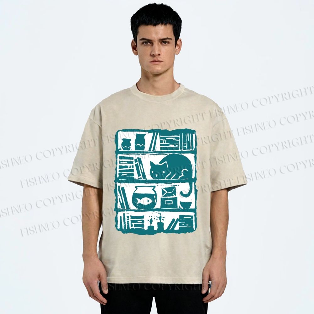 Unisex Vintage Cat Bookshelf Fish Tank Printed Washed Tee
