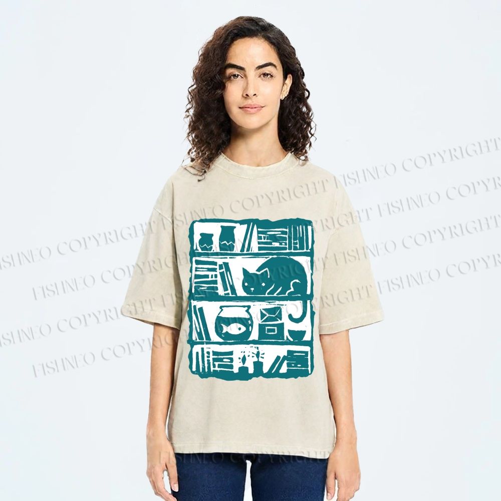 Unisex Vintage Cat Bookshelf Fish Tank Printed Washed Tee