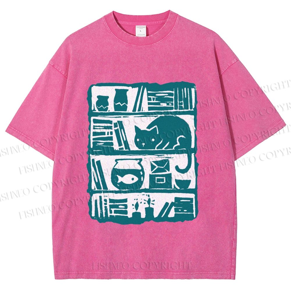 Unisex Vintage Cat Bookshelf Fish Tank Printed Washed Tee