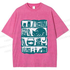 Unisex Vintage Cat Bookshelf Fish Tank Printed Washed Tee