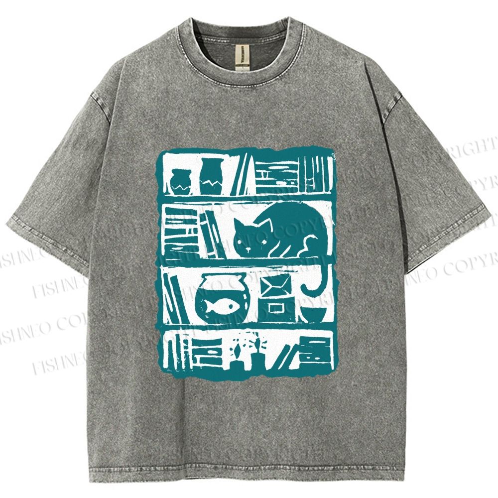 Unisex Vintage Cat Bookshelf Fish Tank Printed Washed Tee