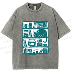 Unisex Vintage Cat Bookshelf Fish Tank Printed Washed Tee