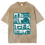 Unisex Vintage Cat Bookshelf Fish Tank Printed Washed Tee