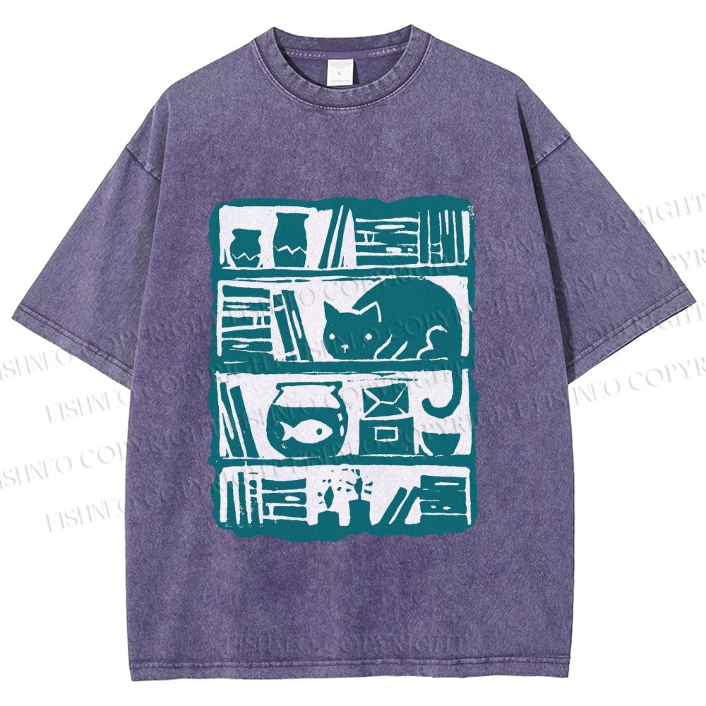 Unisex Vintage Cat Bookshelf Fish Tank Printed Washed Tee