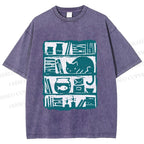 Unisex Vintage Cat Bookshelf Fish Tank Printed Washed Tee