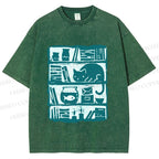 Unisex Vintage Cat Bookshelf Fish Tank Printed Washed Tee