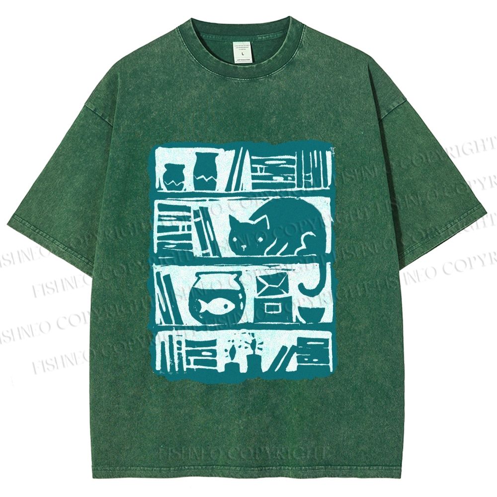 Unisex Vintage Cat Bookshelf Fish Tank Printed Washed Tee