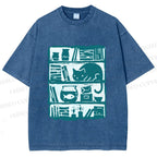 Unisex Vintage Cat Bookshelf Fish Tank Printed Washed Tee