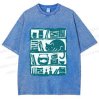 Unisex Vintage Cat Bookshelf Fish Tank Printed Washed Tee