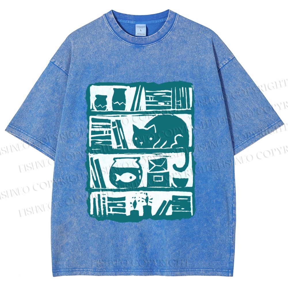 Unisex Vintage Cat Bookshelf Fish Tank Printed Washed Tee