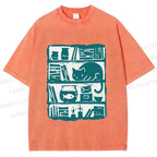 Unisex Vintage Cat Bookshelf Fish Tank Printed Washed Tee